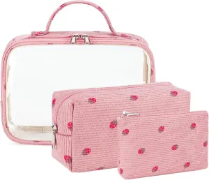 Bluboon 3Pcs Makeup Toiletry Bag for Women, Clear Packing Cubes Cosmetic Bag for Travel Women With Zipper Travel Essentials (Corduroy Strawberry Pink)