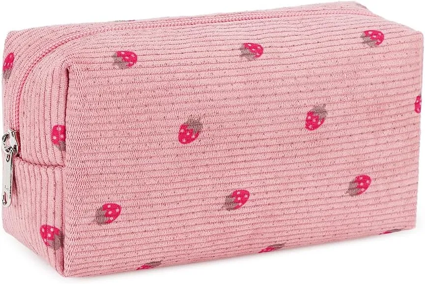 Bluboon 3Pcs Makeup Toiletry Bag for Women, Clear Packing Cubes Cosmetic Bag for Travel Women With Zipper Travel Essentials (Corduroy Strawberry Pink)