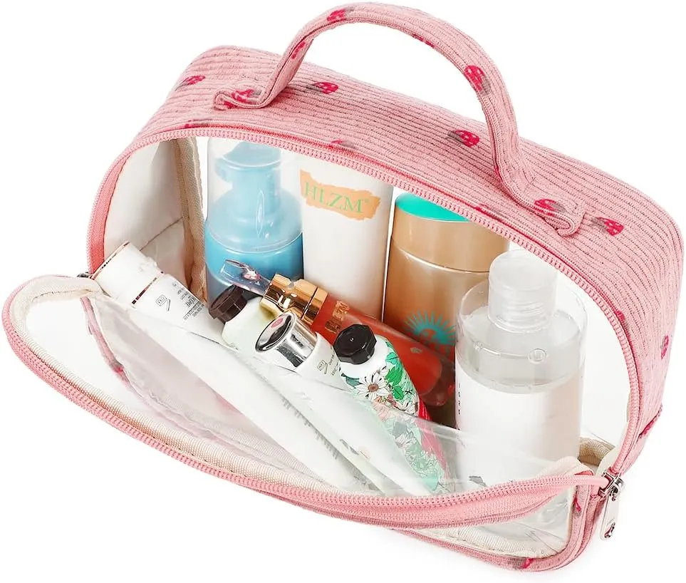 Bluboon 3Pcs Makeup Toiletry Bag for Women, Clear Packing Cubes Cosmetic Bag for Travel Women With Zipper Travel Essentials (Corduroy Strawberry Pink)