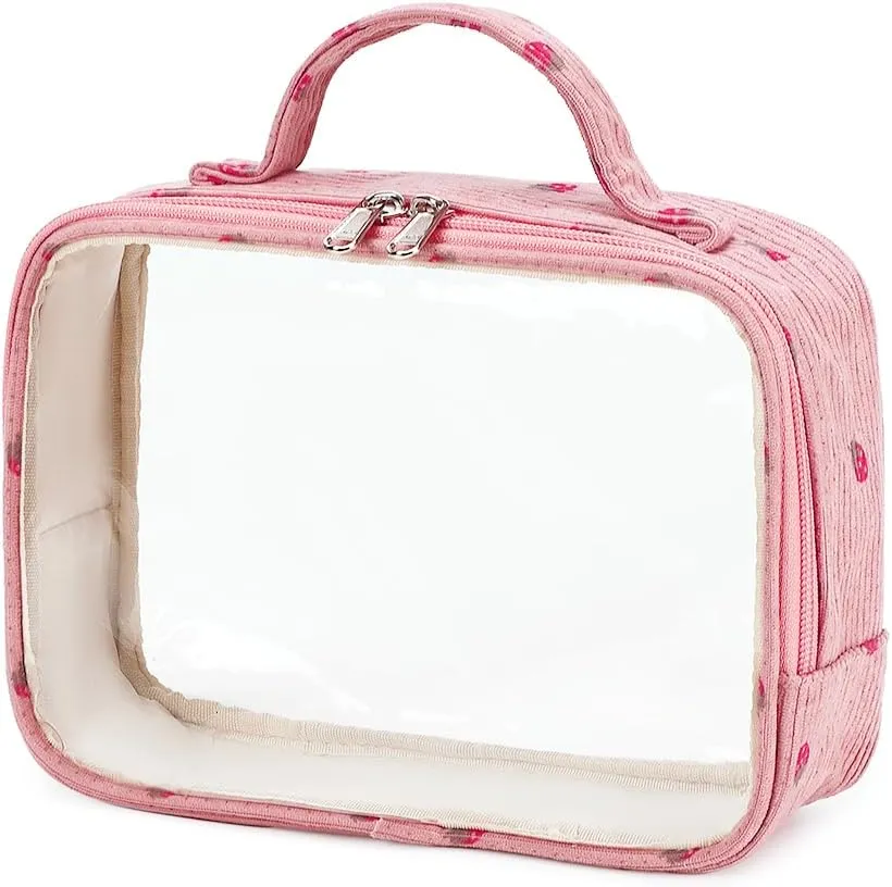 Bluboon 3Pcs Makeup Toiletry Bag for Women, Clear Packing Cubes Cosmetic Bag for Travel Women With Zipper Travel Essentials (Corduroy Strawberry Pink)
