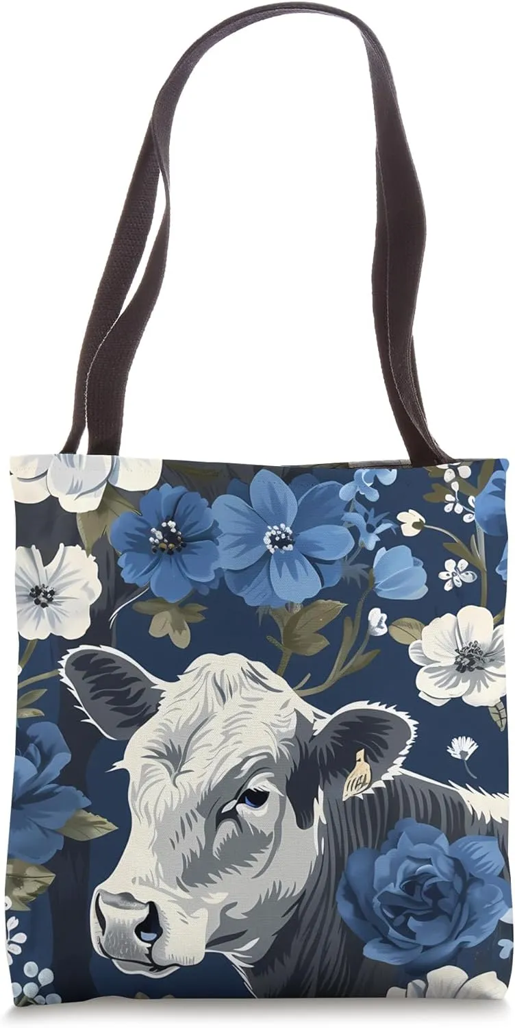 Blue Bohemian Floral Cows Ranch Pasture Rustic Farm Art Tote Bag