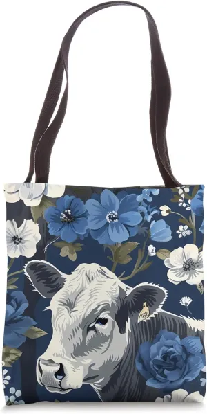 Blue Bohemian Floral Cows Ranch Pasture Rustic Farm Art Tote Bag