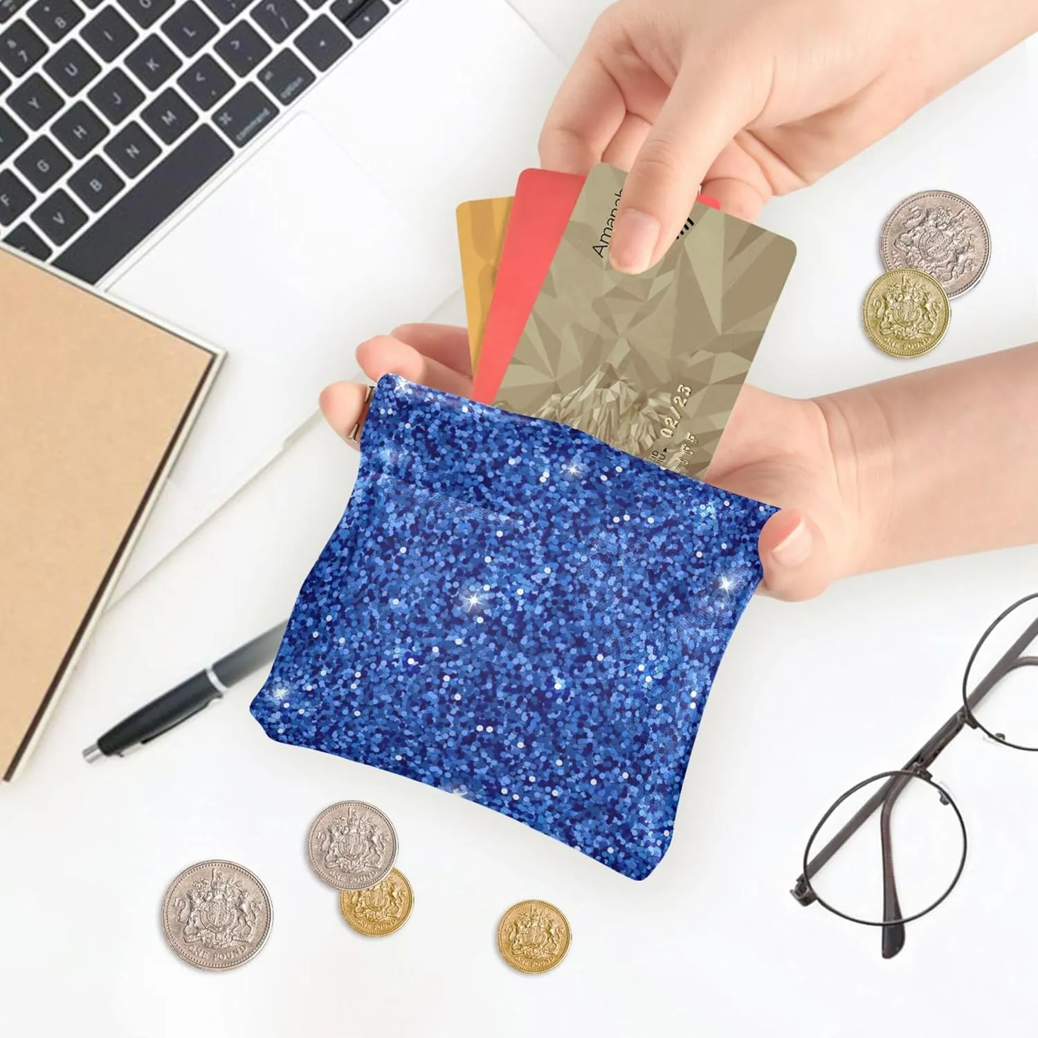 Blue Glitter Shimmer Custom Coin Purse Holder Women Leather Animal Print Squeeze Card Change Purse for Coin
