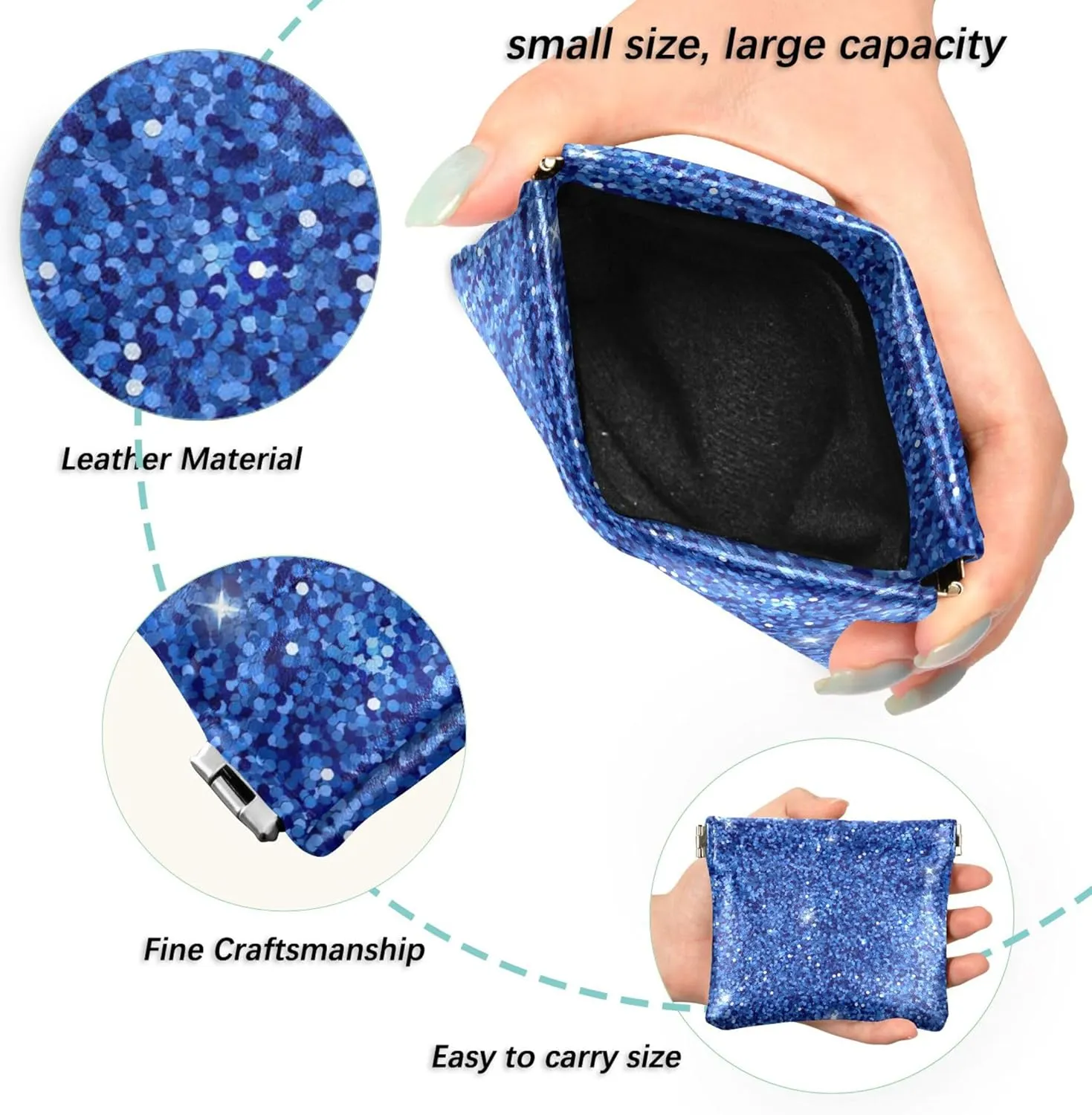 Blue Glitter Shimmer Custom Coin Purse Holder Women Leather Animal Print Squeeze Card Change Purse for Coin