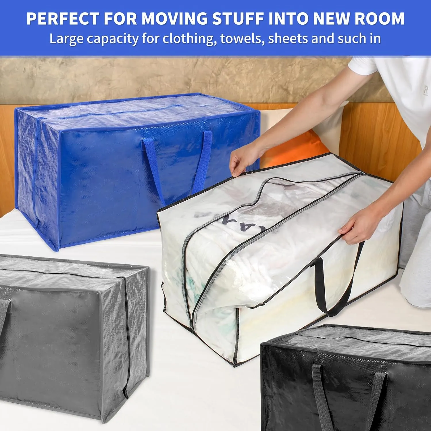 Blue Moving Bags - 8 Pack Extra Large Heavy Duty Storage Bags With Zipper & Reinforce Handles | 29x14x13 Inch Moving Tote Bags Bulk For Clothing, Shoes, Travel
