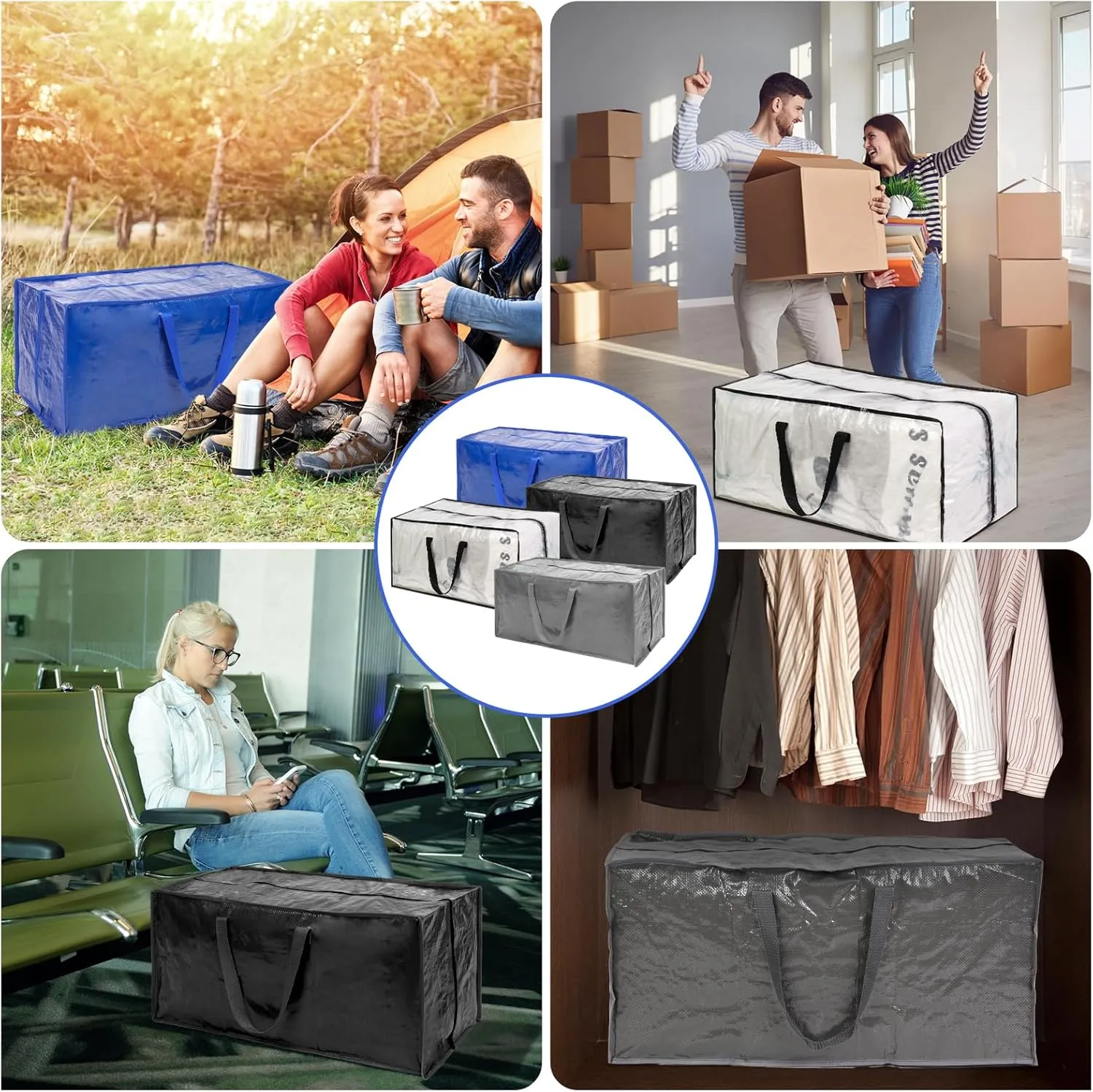Blue Moving Bags - 8 Pack Extra Large Heavy Duty Storage Bags With Zipper & Reinforce Handles | 29x14x13 Inch Moving Tote Bags Bulk For Clothing, Shoes, Travel