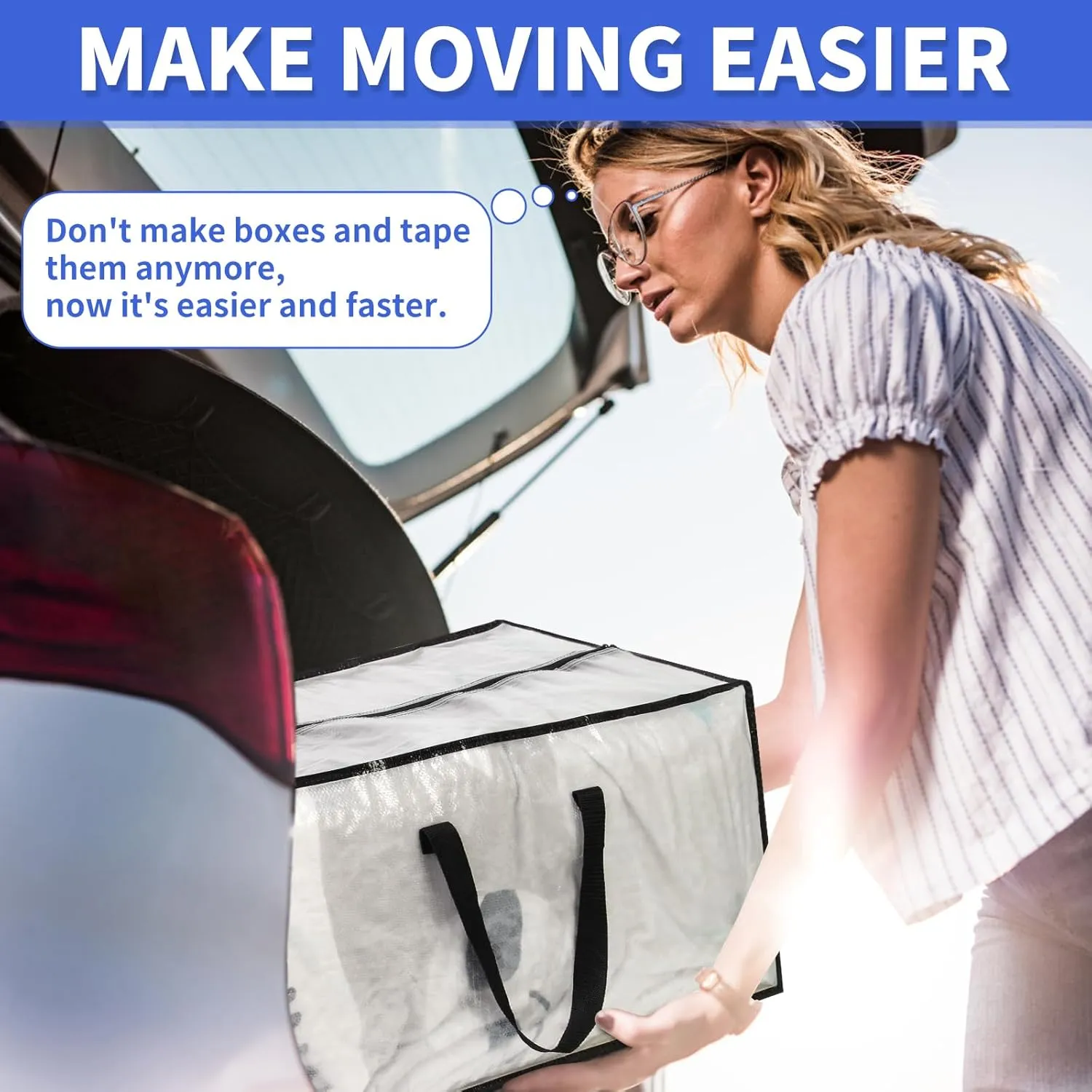 Blue Moving Bags - 8 Pack Extra Large Heavy Duty Storage Bags With Zipper & Reinforce Handles | 29x14x13 Inch Moving Tote Bags Bulk For Clothing, Shoes, Travel
