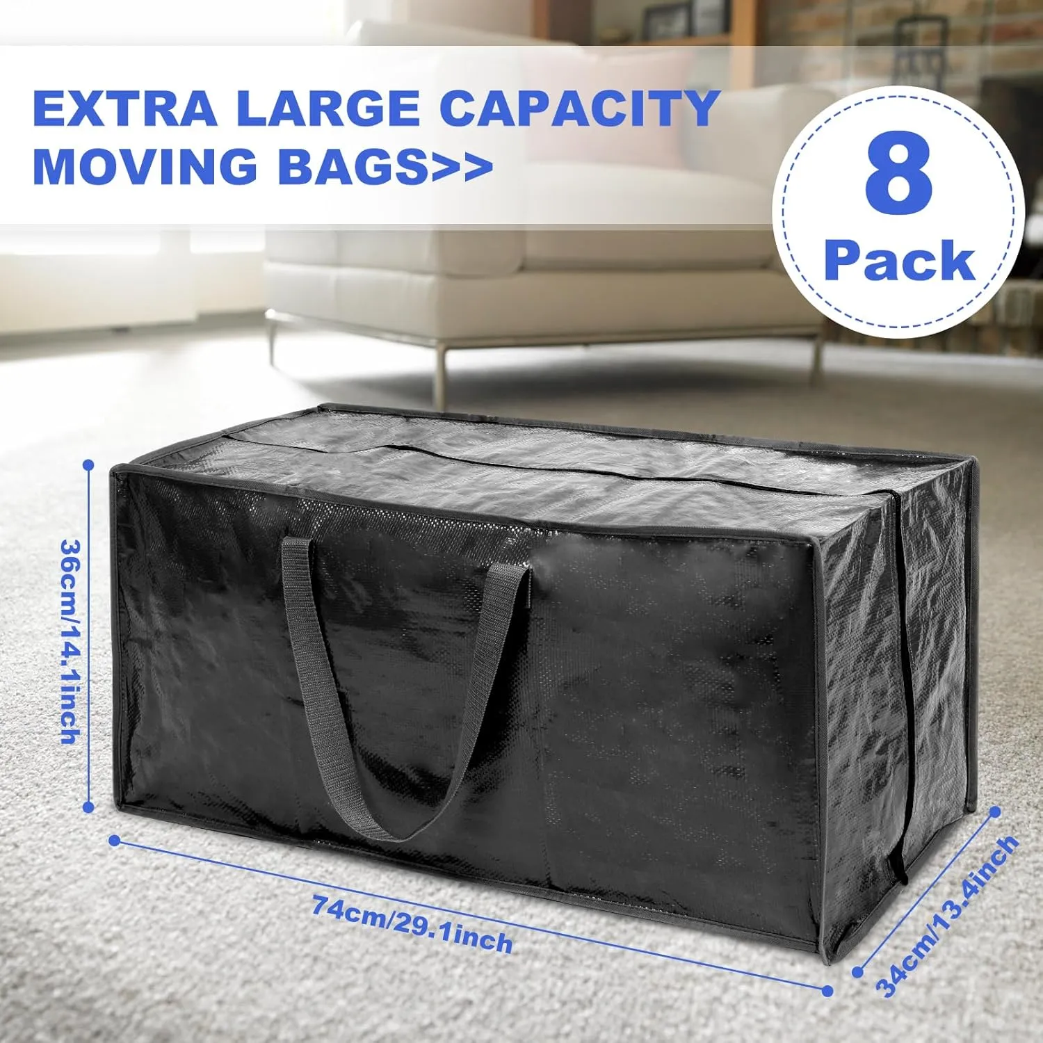 Blue Moving Bags - 8 Pack Extra Large Heavy Duty Storage Bags With Zipper & Reinforce Handles | 29x14x13 Inch Moving Tote Bags Bulk For Clothing, Shoes, Travel