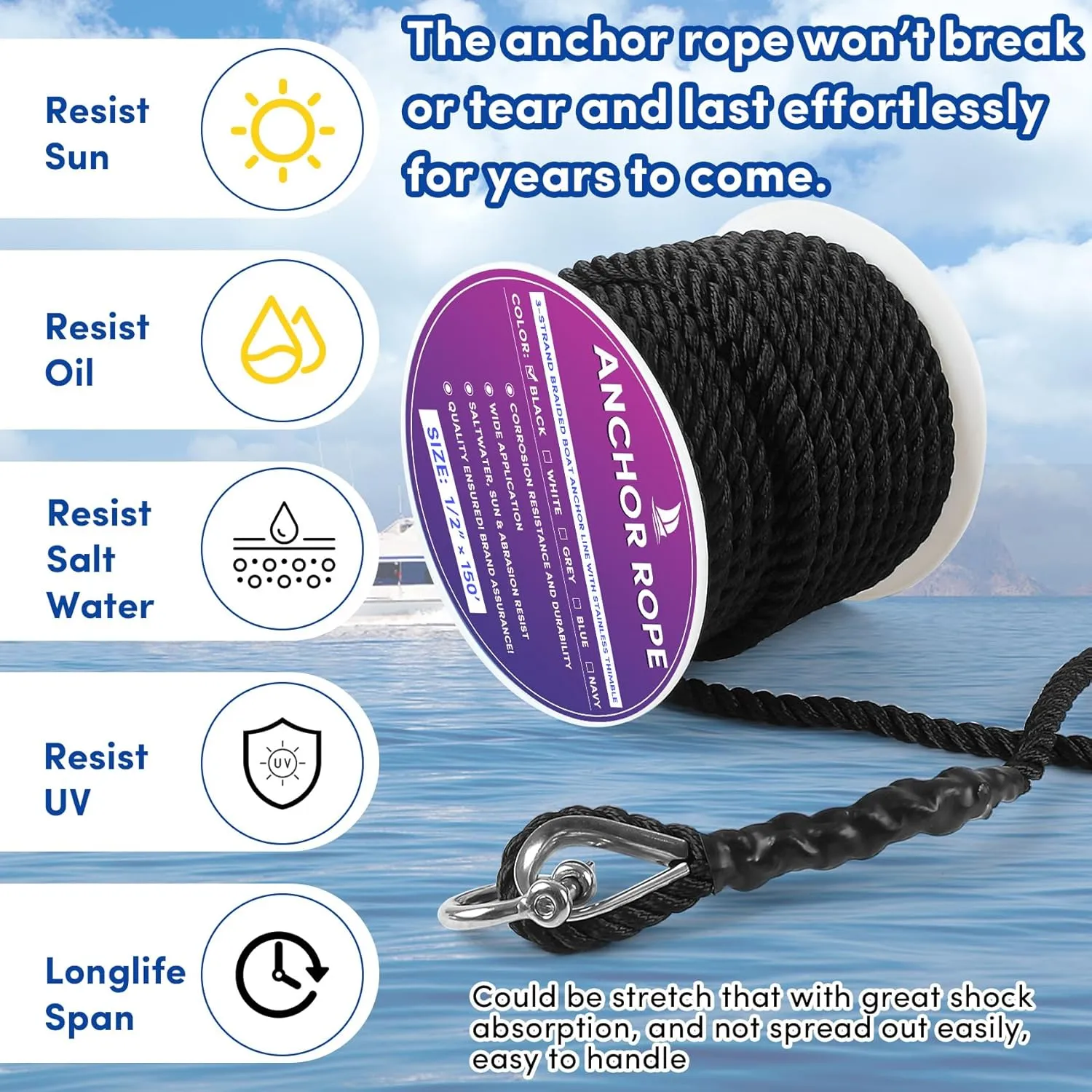 Boat Anchor Rope 150 ft x 1/2 inch Black, 3 Strand Anchor Line Marine Rope with Stainless Steel Thimble & Shackle Ideal for Towing,Docking,Boats,Mooring,Anchoring,for Boats Up to 35'
