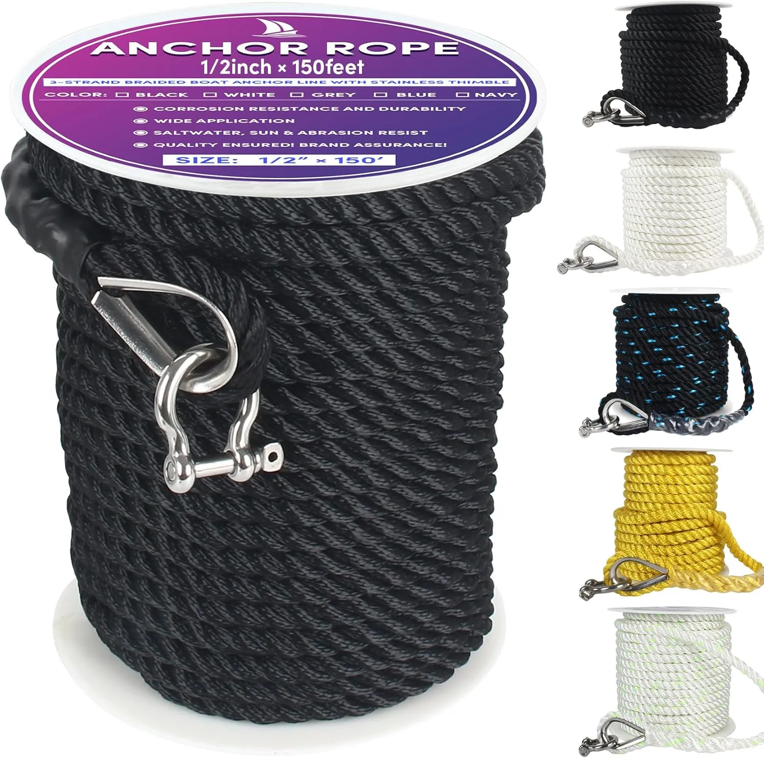 Boat Anchor Rope 150 ft x 1/2 inch Black, 3 Strand Anchor Line Marine Rope with Stainless Steel Thimble & Shackle Ideal for Towing,Docking,Boats,Mooring,Anchoring,for Boats Up to 35'
