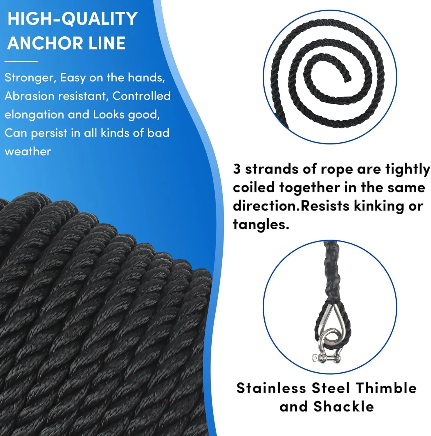 Boat Anchor Rope 150 ft x 1/2 inch Black, 3 Strand Anchor Line Marine Rope with Stainless Steel Thimble & Shackle Ideal for Towing,Docking,Boats,Mooring,Anchoring,for Boats Up to 35'
