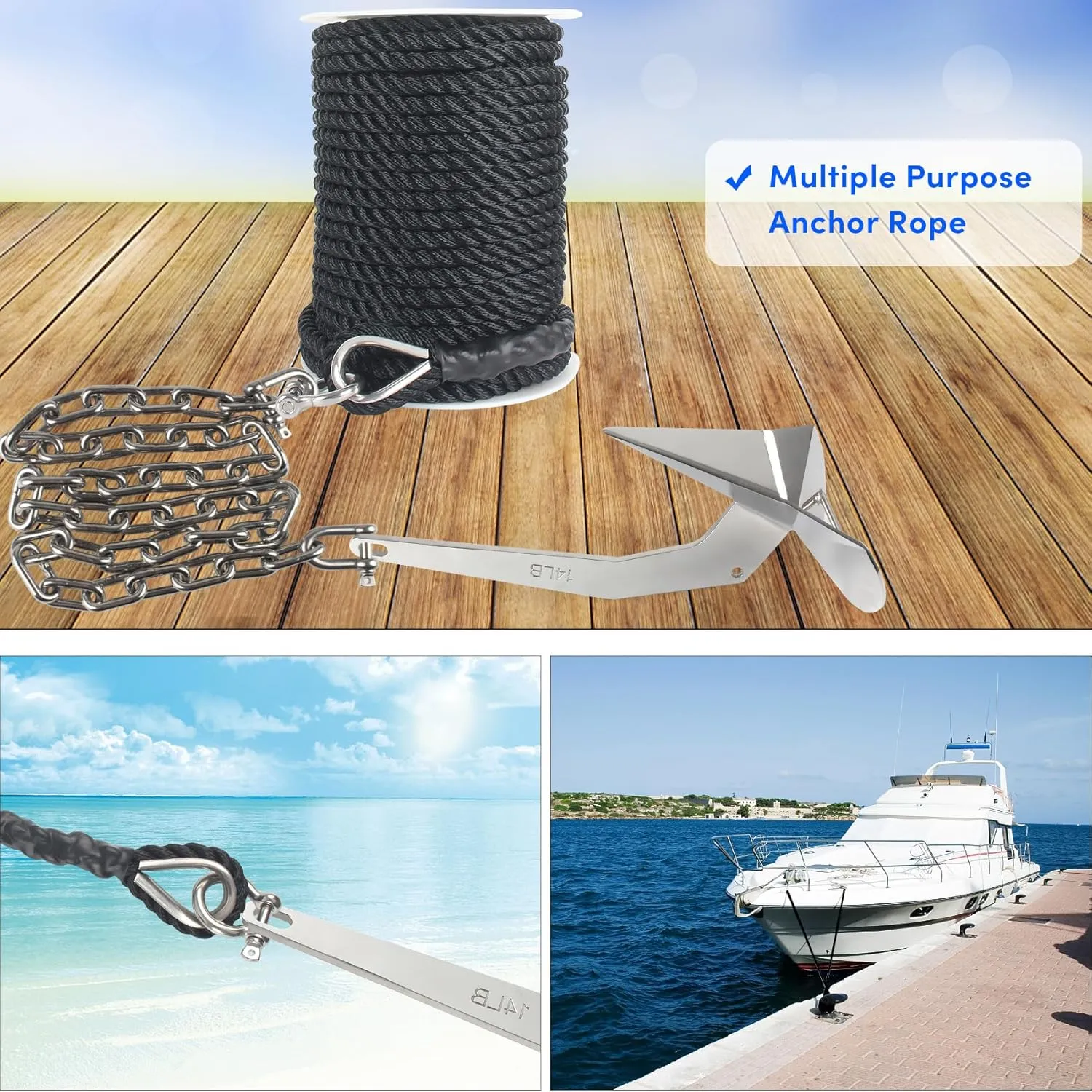 Boat Anchor Rope 150 ft x 1/2 inch Black, 3 Strand Anchor Line Marine Rope with Stainless Steel Thimble & Shackle Ideal for Towing,Docking,Boats,Mooring,Anchoring,for Boats Up to 35'
