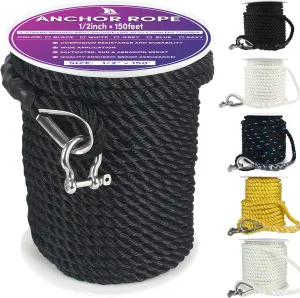 Boat Anchor Rope 150 ft x 1/2 inch Black, 3 Strand Anchor Line Marine Rope with Stainless Steel Thimble & Shackle Ideal for Towing,Docking,Boats,Mooring,Anchoring,for Boats Up to 35'