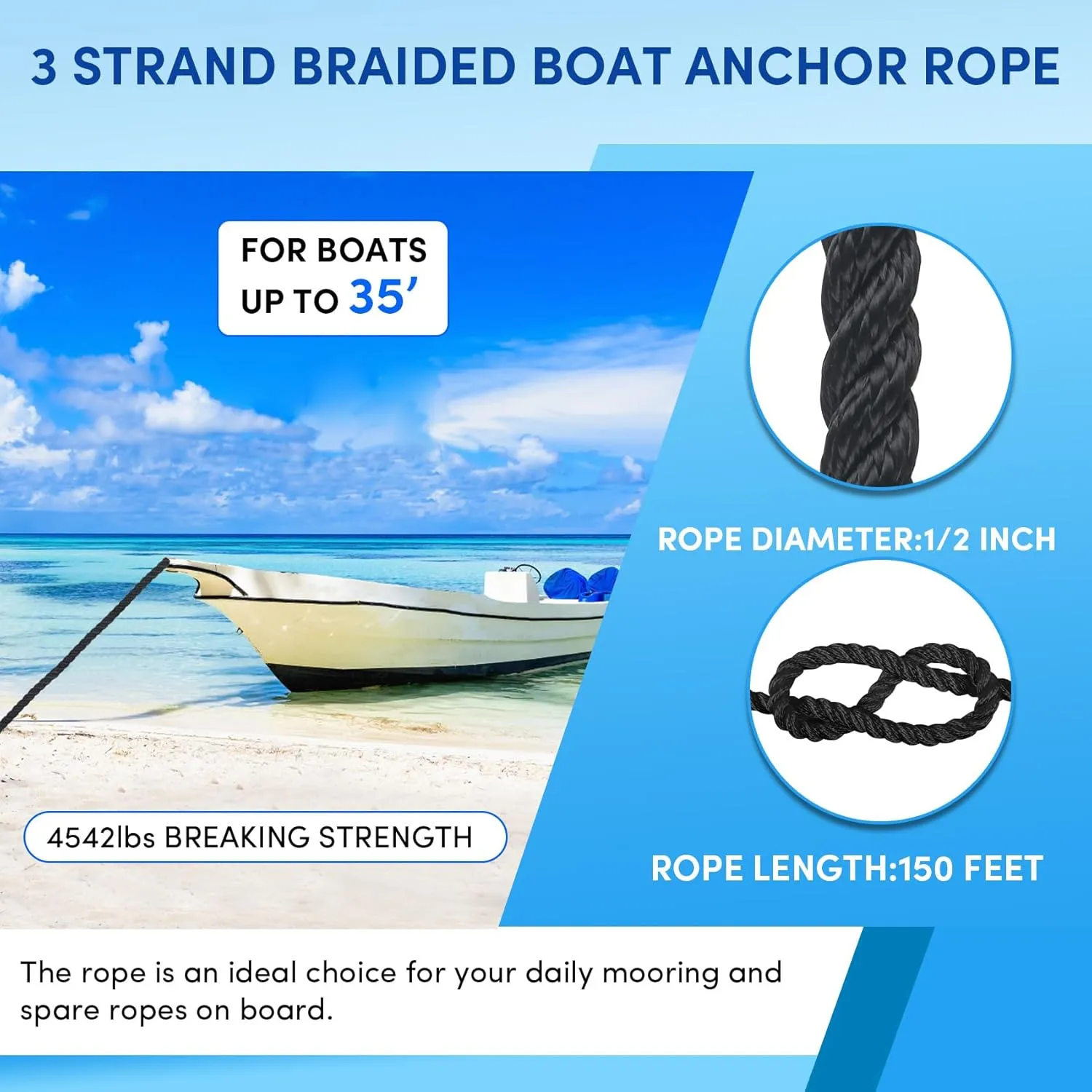 Boat Anchor Rope 150 ft x 1/2 inch Black, 3 Strand Anchor Line Marine Rope with Stainless Steel Thimble & Shackle Ideal for Towing,Docking,Boats,Mooring,Anchoring,for Boats Up to 35'