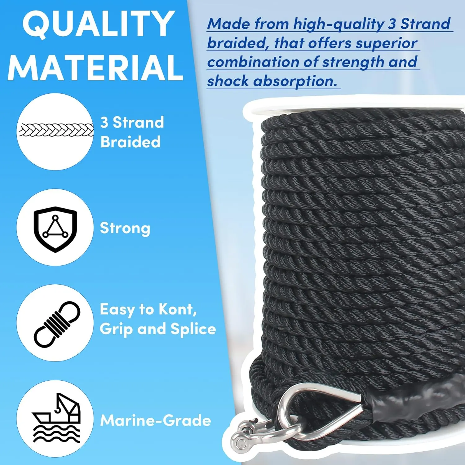 Boat Anchor Rope 150 ft x 1/2 inch Black, 3 Strand Anchor Line Marine Rope with Stainless Steel Thimble & Shackle Ideal for Towing,Docking,Boats,Mooring,Anchoring,for Boats Up to 35'