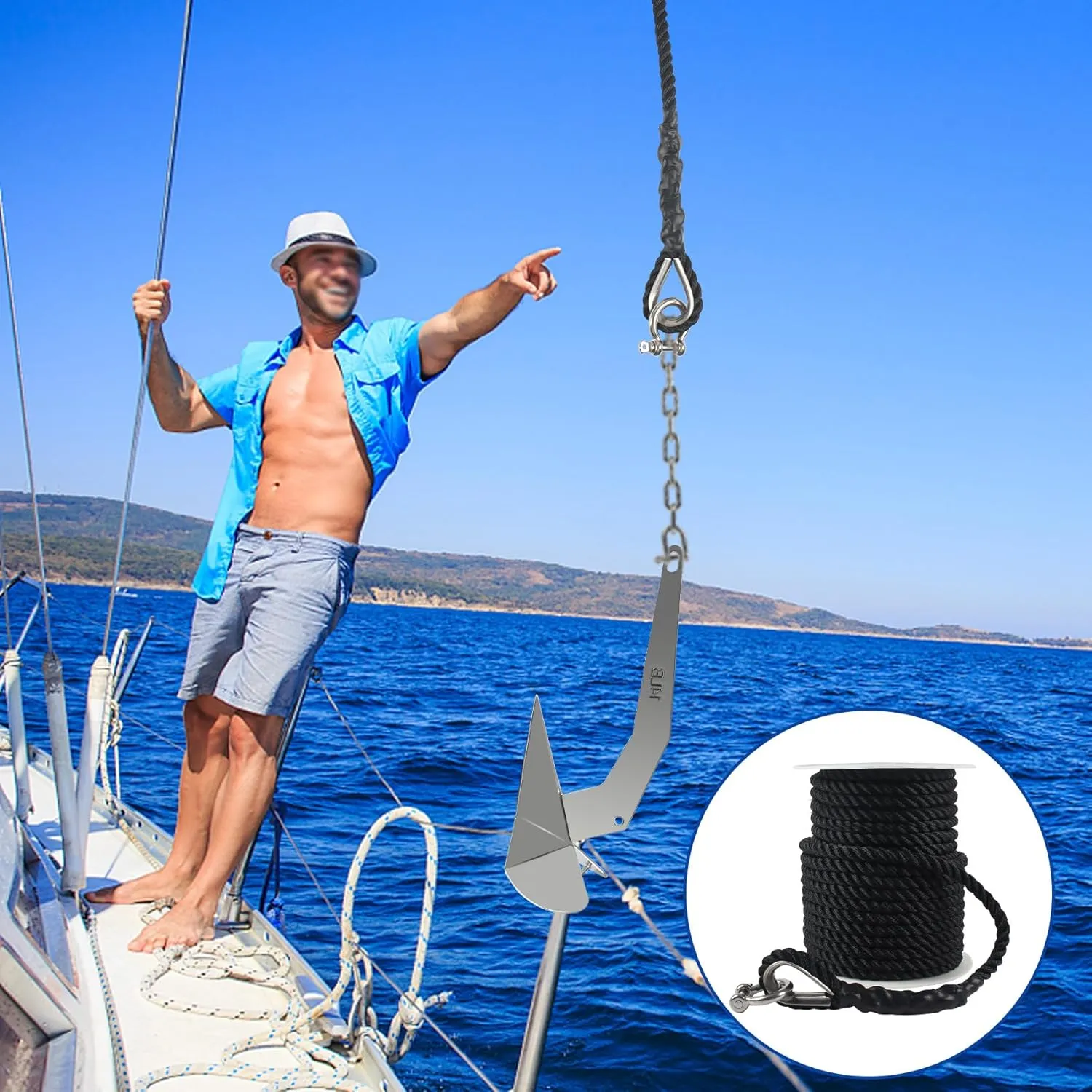 Boat Anchor Rope 150 ft x 1/2 inch Black, 3 Strand Anchor Line Marine Rope with Stainless Steel Thimble & Shackle Ideal for Towing,Docking,Boats,Mooring,Anchoring,for Boats Up to 35'