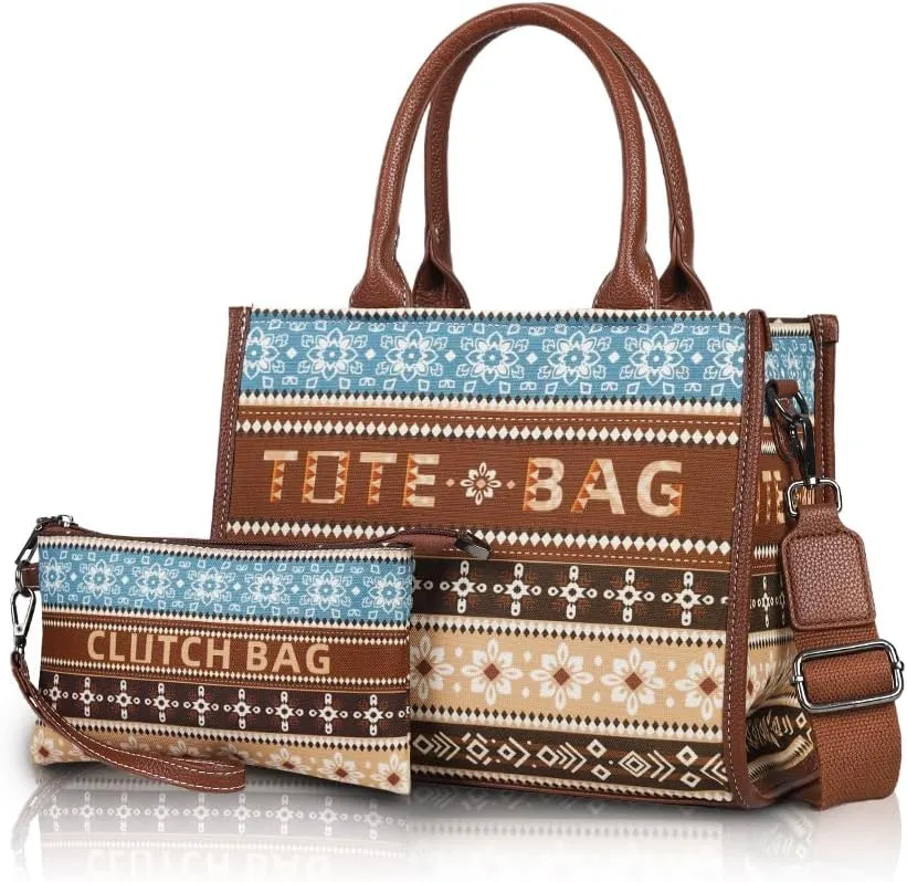 Bohemian 2pcs Tote & Purse Set Large Capacity Canvas Handbag Vintage Crossbody Shoulder Bag for Women Perfect for Travel