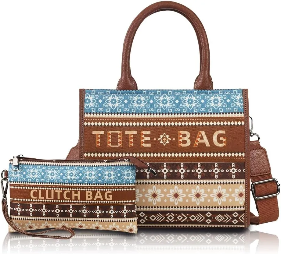 Bohemian 2pcs Tote & Purse Set Large Capacity Canvas Handbag Vintage Crossbody Shoulder Bag for Women Perfect for Travel