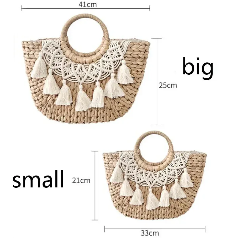 Bohemian Crochet and Tassel Straw Tote