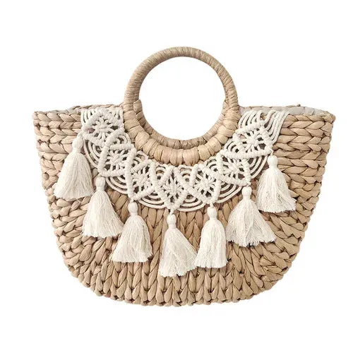 Bohemian Crochet and Tassel Straw Tote