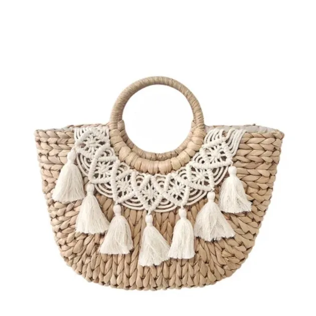 Bohemian Crochet and Tassel Straw Tote