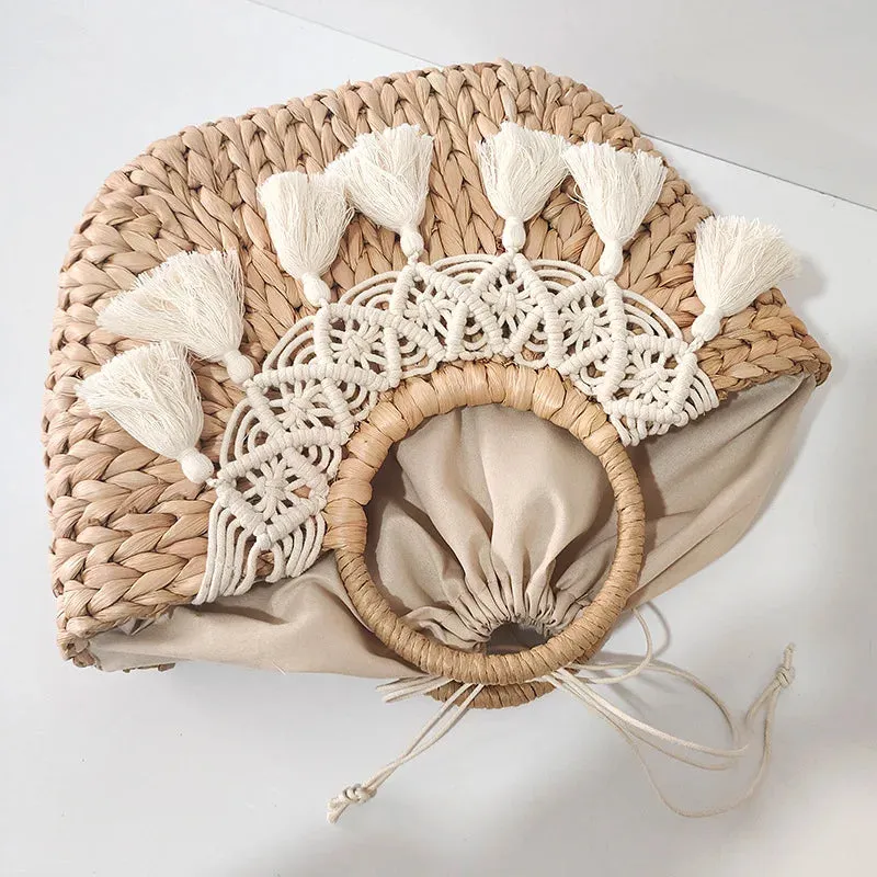 Bohemian Crochet and Tassel Straw Tote