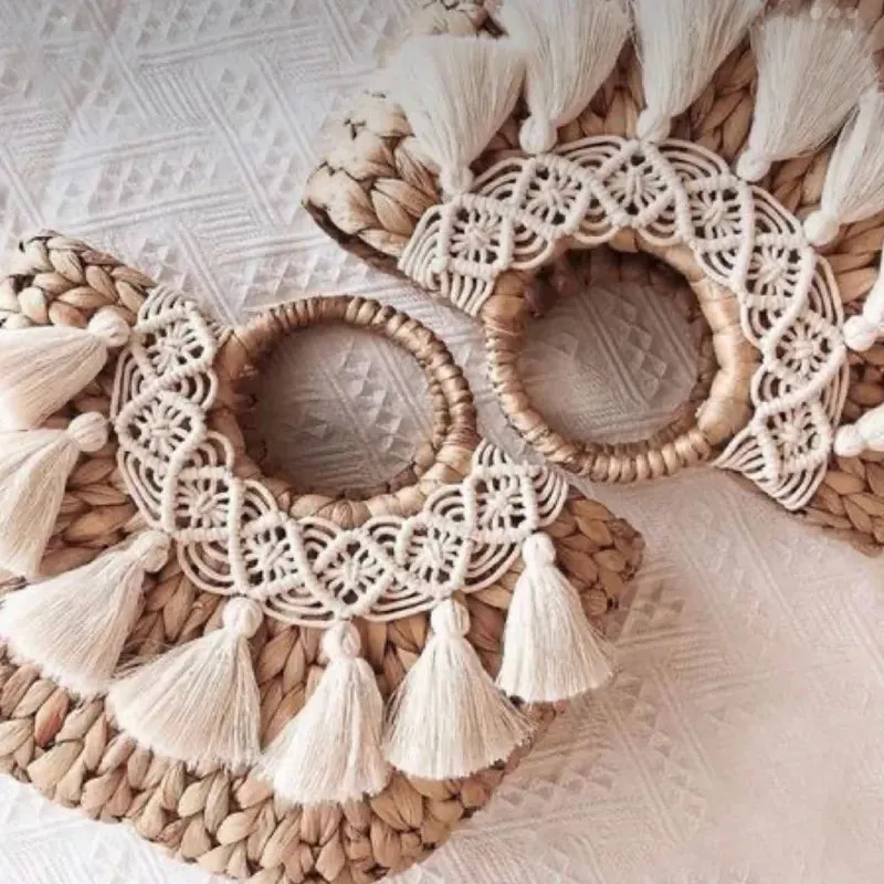 Bohemian Crochet and Tassel Straw Tote