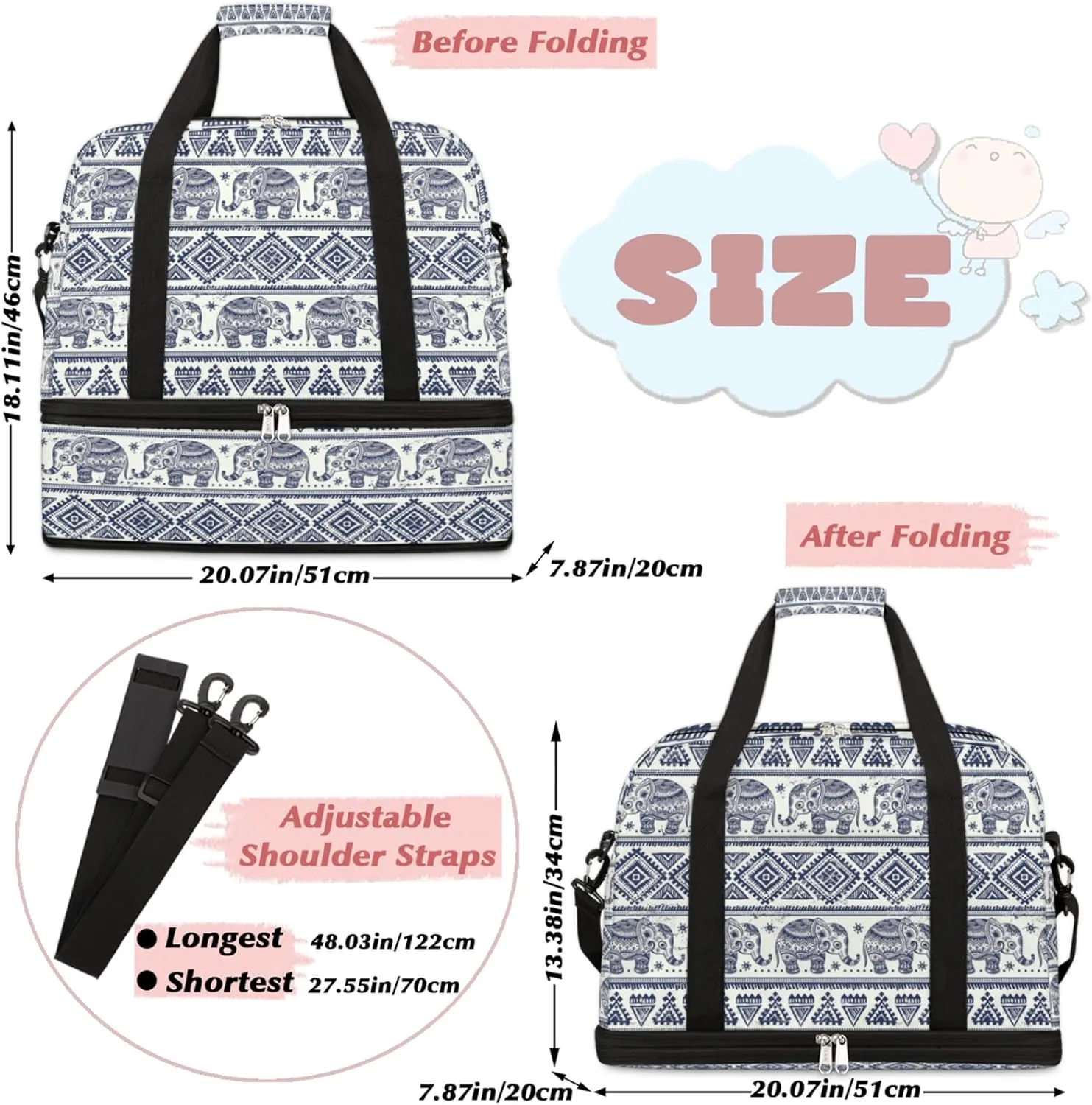 Bohemian Ethnic Elephant Foldable Travel Duffel Bag Tote Carry On Luggage Sports Gym Bag With Shoe Compartment For Woman Man Overnight Weekend Yoga Workout Bag Training Handbag