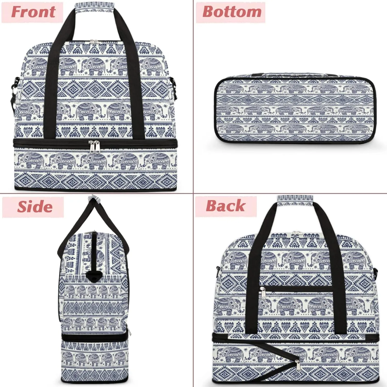 Bohemian Ethnic Elephant Foldable Travel Duffel Bag Tote Carry On Luggage Sports Gym Bag With Shoe Compartment For Woman Man Overnight Weekend Yoga Workout Bag Training Handbag