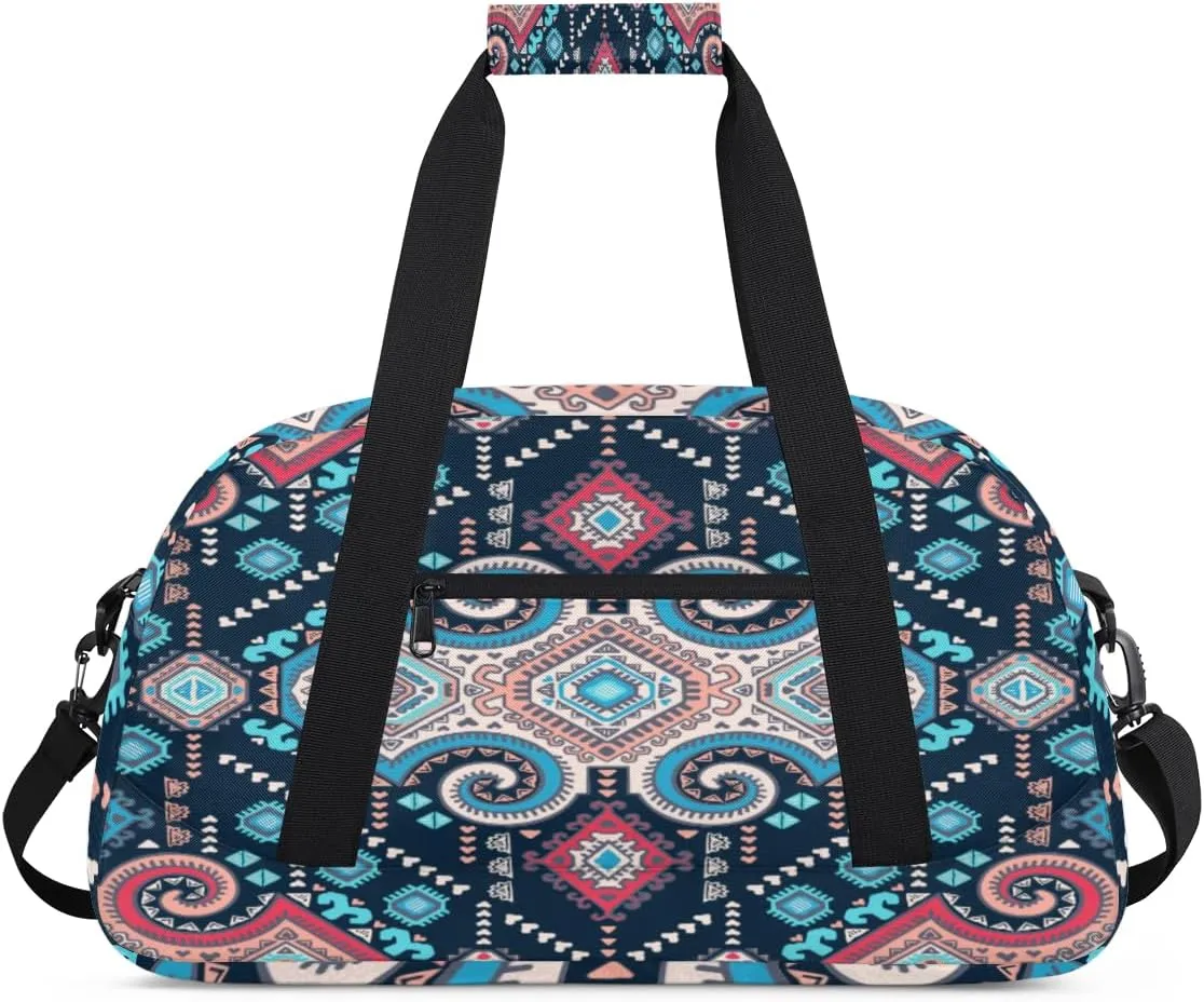 Bohemian Flower Gym Duffel Bag for Men Women Geometric Pattern Sports Tote Bag with Adjustable Shoulder Strap for Dance Gymnastics Traveling Outdoor Camping Overnight Stay