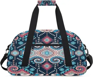Bohemian Flower Gym Duffel Bag for Men Women Geometric Pattern Sports Tote Bag with Adjustable Shoulder Strap for Dance Gymnastics Traveling Outdoor Camping Overnight Stay