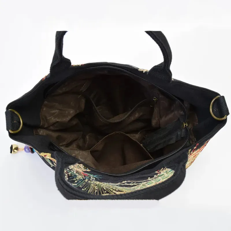 Bohemian Peacock Embroidered Canvas Tote