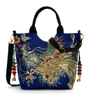 Bohemian Peacock Embroidered Canvas Tote