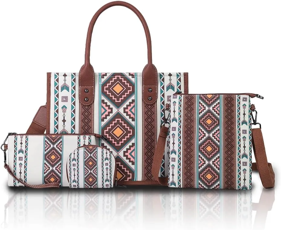 Bohemian Tribal Tote Bag Set, 4-Piece Large Canvas Shoulder Bag with Adjustable Strap, Zipper Closure & Wallet