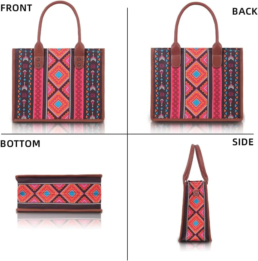 Bohemian Tribal Tote Bag Set, 4-Piece Large Canvas Shoulder Bag with Adjustable Strap, Zipper Closure & Wallet