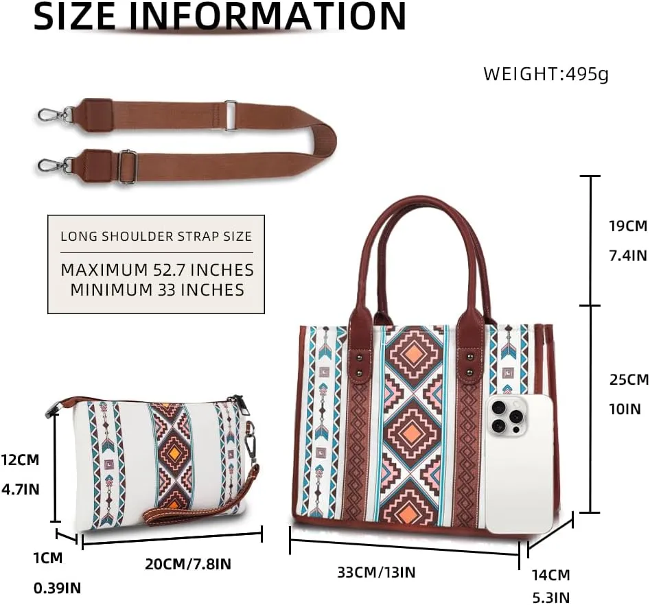 Bohemian Tribal Tote Bag Set, 4-Piece Large Canvas Shoulder Bag with Adjustable Strap, Zipper Closure & Wallet