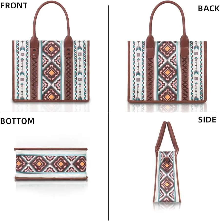 Bohemian Tribal Tote Bag Set, 4-Piece Large Canvas Shoulder Bag with Adjustable Strap, Zipper Closure & Wallet
