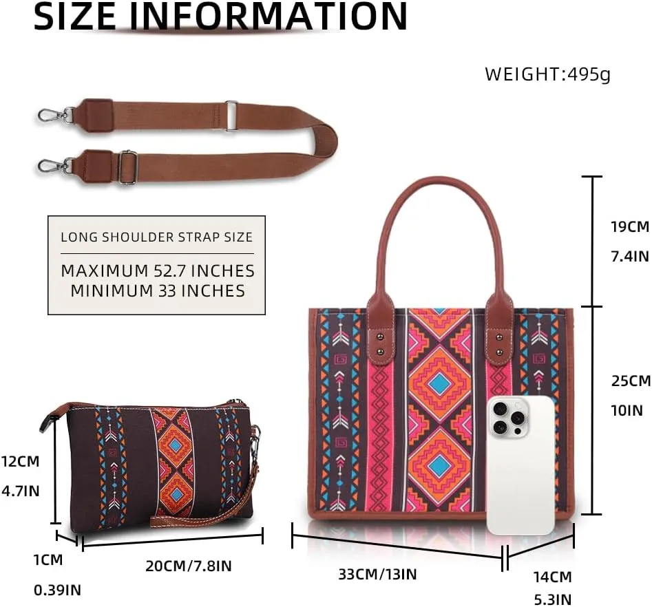 Bohemian Tribal Tote Bag Set, 4-Piece Large Canvas Shoulder Bag with Adjustable Strap, Zipper Closure & Wallet