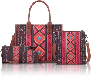 Bohemian Tribal Tote Bag Set, 4-Piece Large Canvas Shoulder Bag with Adjustable Strap, Zipper Closure & Wallet