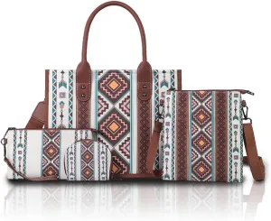 Bohemian Tribal Tote Bag Set, 4-Piece Large Canvas Shoulder Bag with Adjustable Strap, Zipper Closure & Wallet