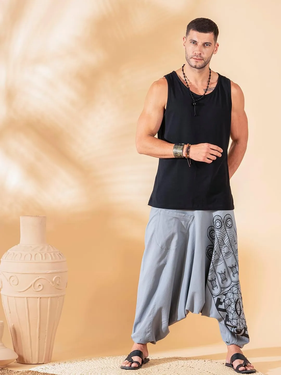 Boho Pants Elastic Ankle Harem for Men, Oversized Exercise Pajama Jogger Loose Boho Aladdin Pant