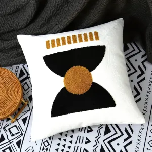 Boho Square Geo Bohemian Throw Pillow Covers 18x18 Abstract Cotton Hand Woven Throw Pillowcase for Couch Sofa Bed Stylish Decor,Simple Cotton Textured Cushion Sham,1PC(Black&Tan)