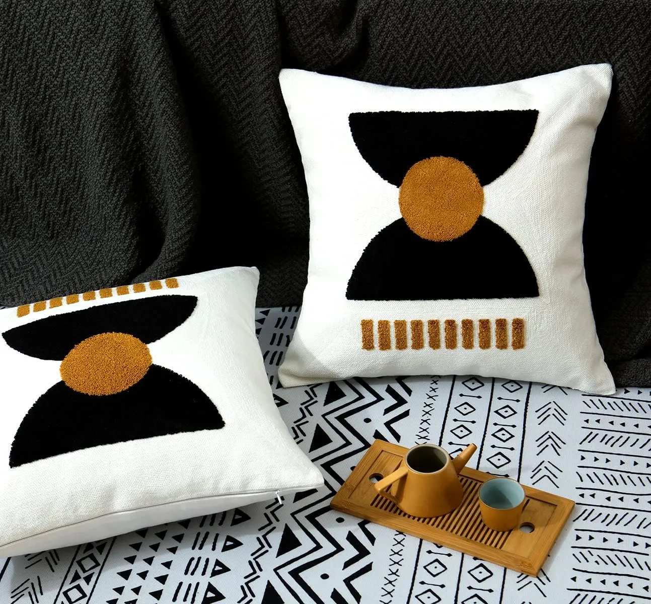 Boho Square Geo Bohemian Throw Pillow Covers 18x18 Abstract Cotton Hand Woven Throw Pillowcase for Couch Sofa Bed Stylish Decor,Simple Cotton Textured Cushion Sham,1PC(Black&Tan)