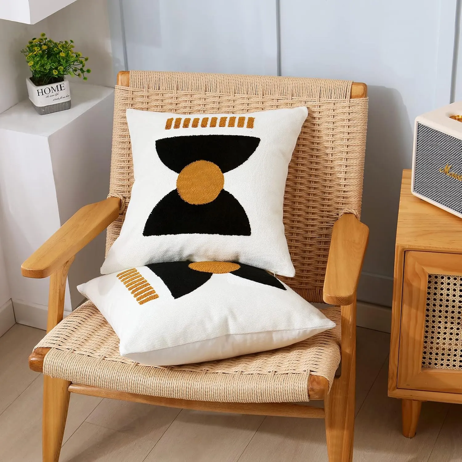 Boho Square Geo Bohemian Throw Pillow Covers 18x18 Abstract Cotton Hand Woven Throw Pillowcase for Couch Sofa Bed Stylish Decor,Simple Cotton Textured Cushion Sham,1PC(Black&Tan)