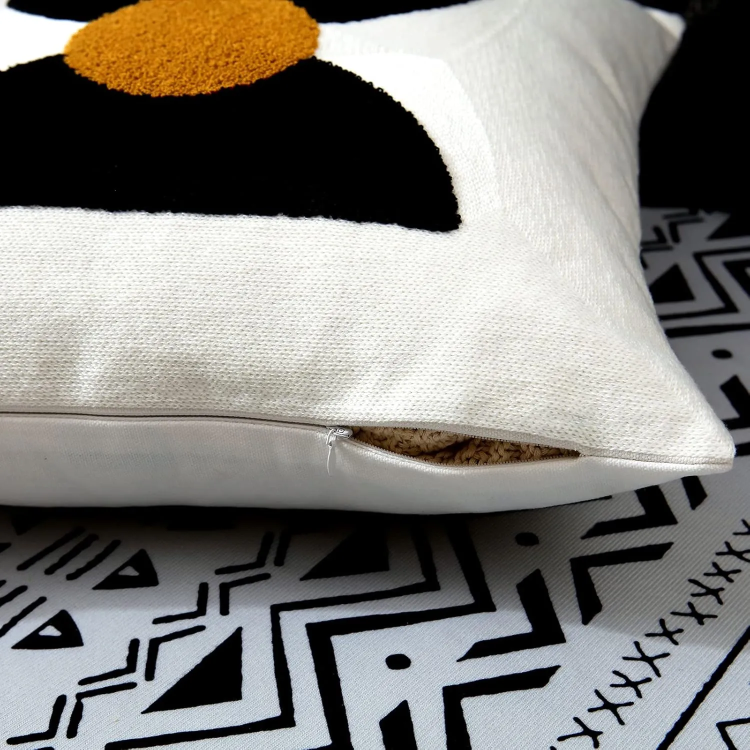 Boho Square Geo Bohemian Throw Pillow Covers 18x18 Abstract Cotton Hand Woven Throw Pillowcase for Couch Sofa Bed Stylish Decor,Simple Cotton Textured Cushion Sham,1PC(Black&Tan)