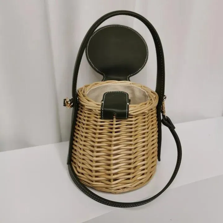 Boho Woven Straw Bucket Bag – Handmade Summer Rattan Crossbody Tote for Women