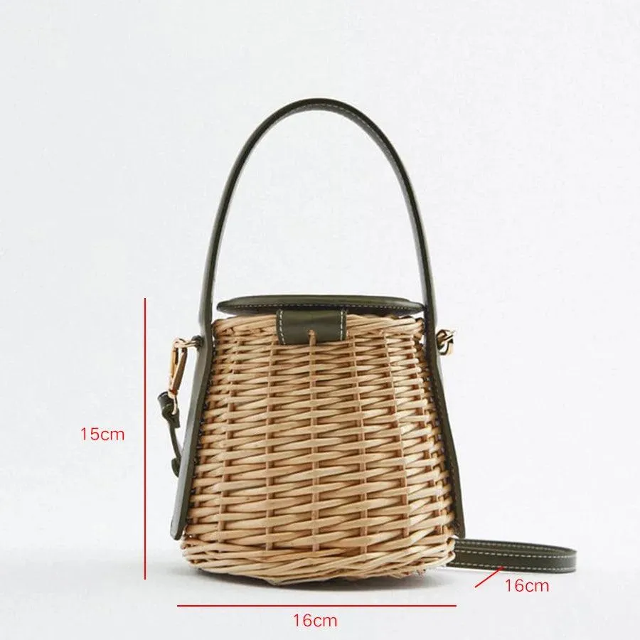 Boho Woven Straw Bucket Bag – Handmade Summer Rattan Crossbody Tote for Women