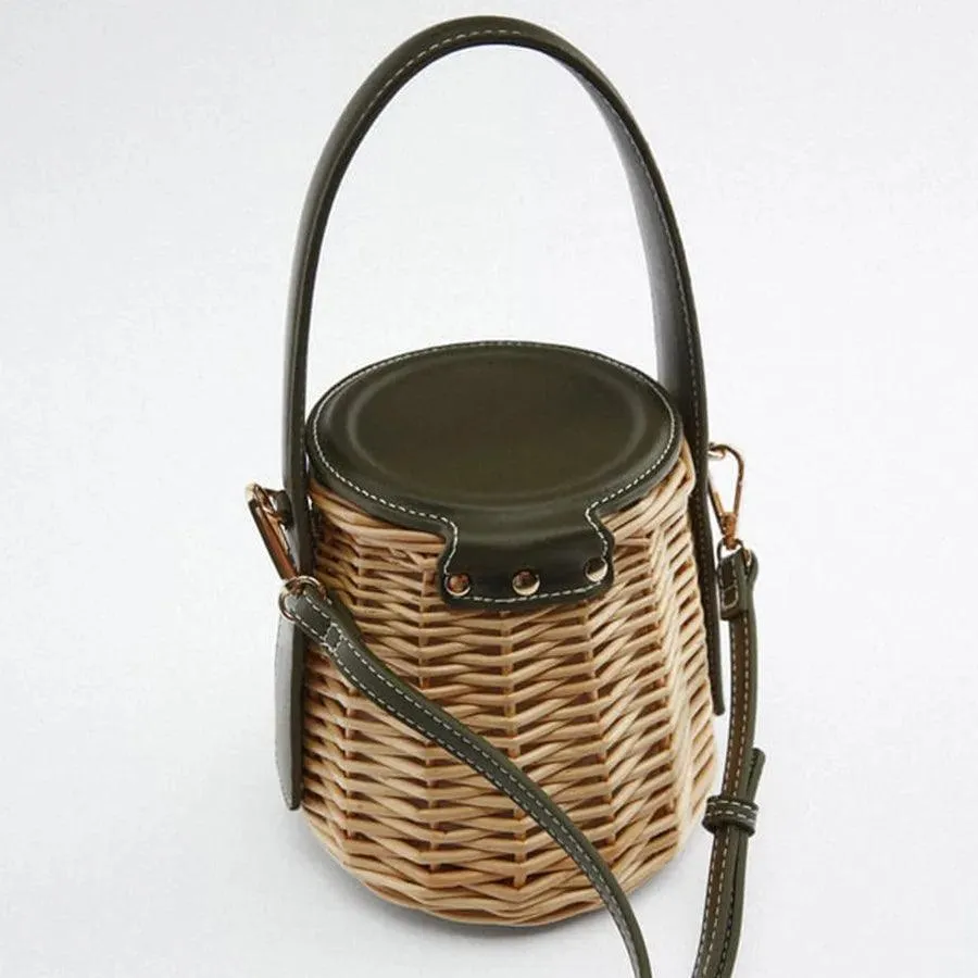 Boho Woven Straw Bucket Bag – Handmade Summer Rattan Crossbody Tote for Women