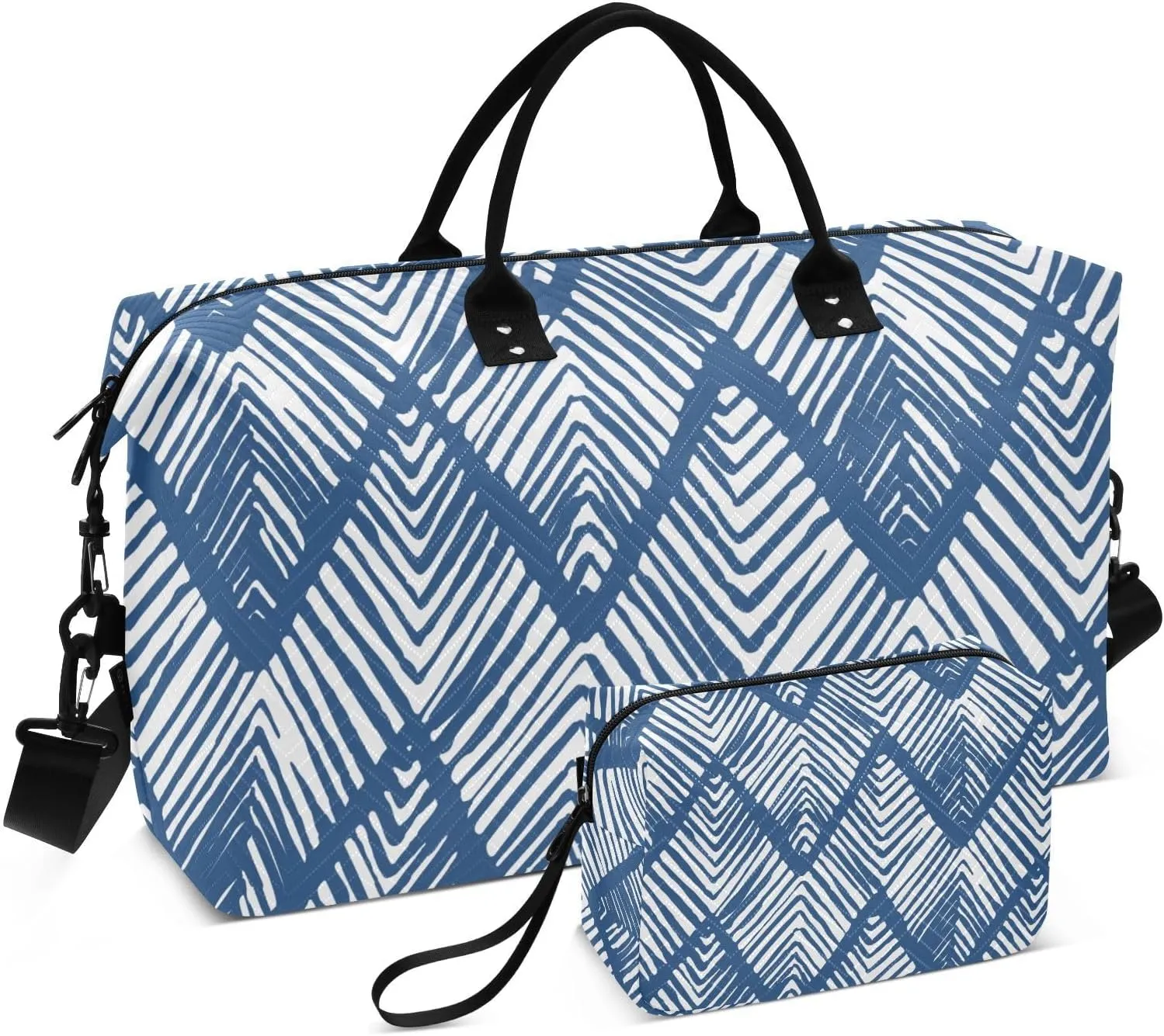 Bolaz Duffle Bag for Travel-Blue Indigo Triangle，Weekender Overnight Bag with Wet Pocket for Women，Large Carry On Airport Bag with Toiletry Bag for Travel, Business Trips, Sports