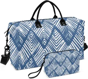 Bolaz Duffle Bag for Travel-Blue Indigo Triangle，Weekender Overnight Bag with Wet Pocket for Women，Large Carry On Airport Bag with Toiletry Bag for Travel, Business Trips, Sports